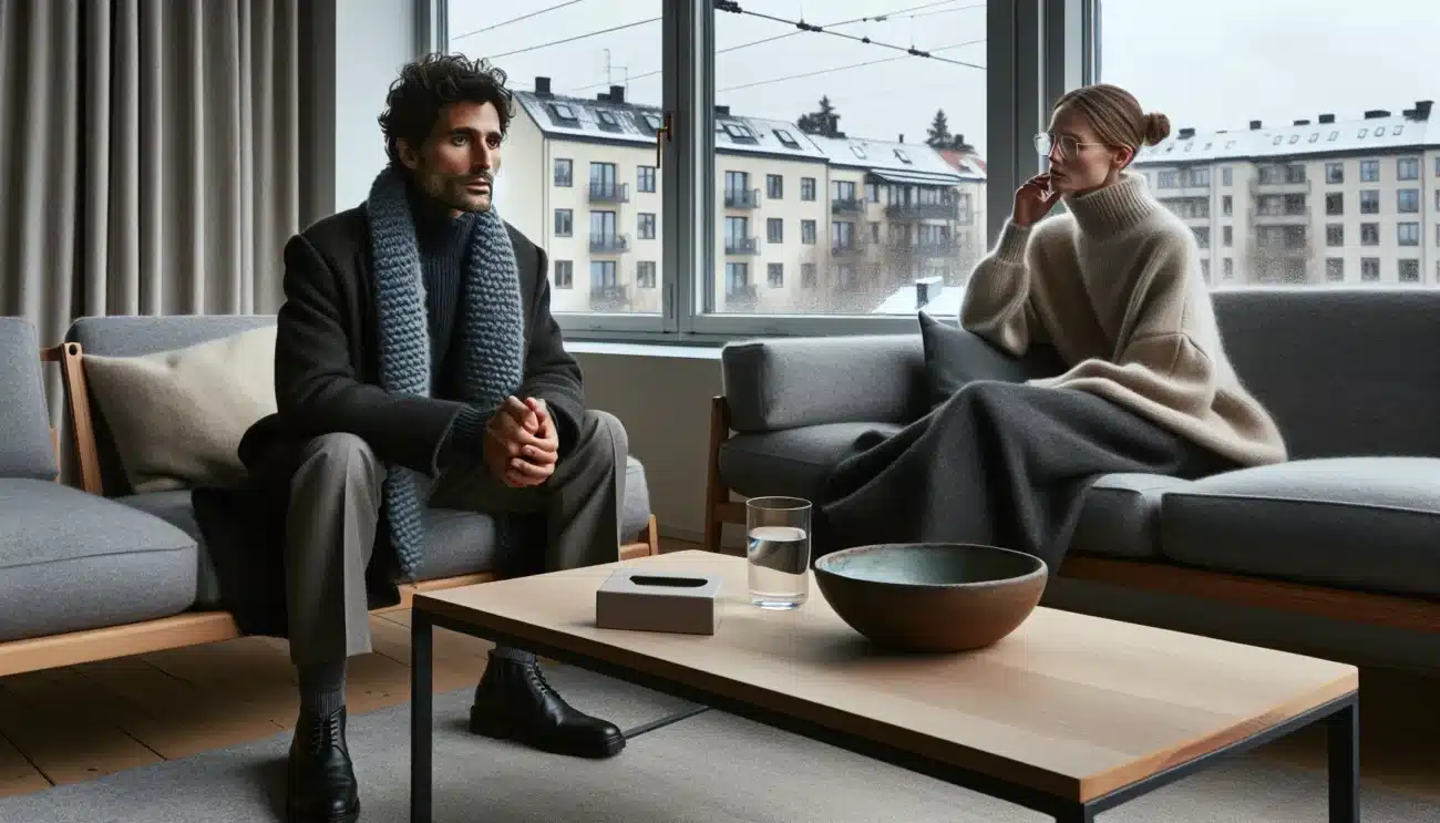 A man shares racism related trauma with a therapist in a norwegian office