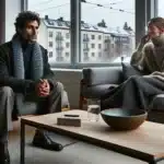 A man shares racism related trauma with a therapist in a norwegian office