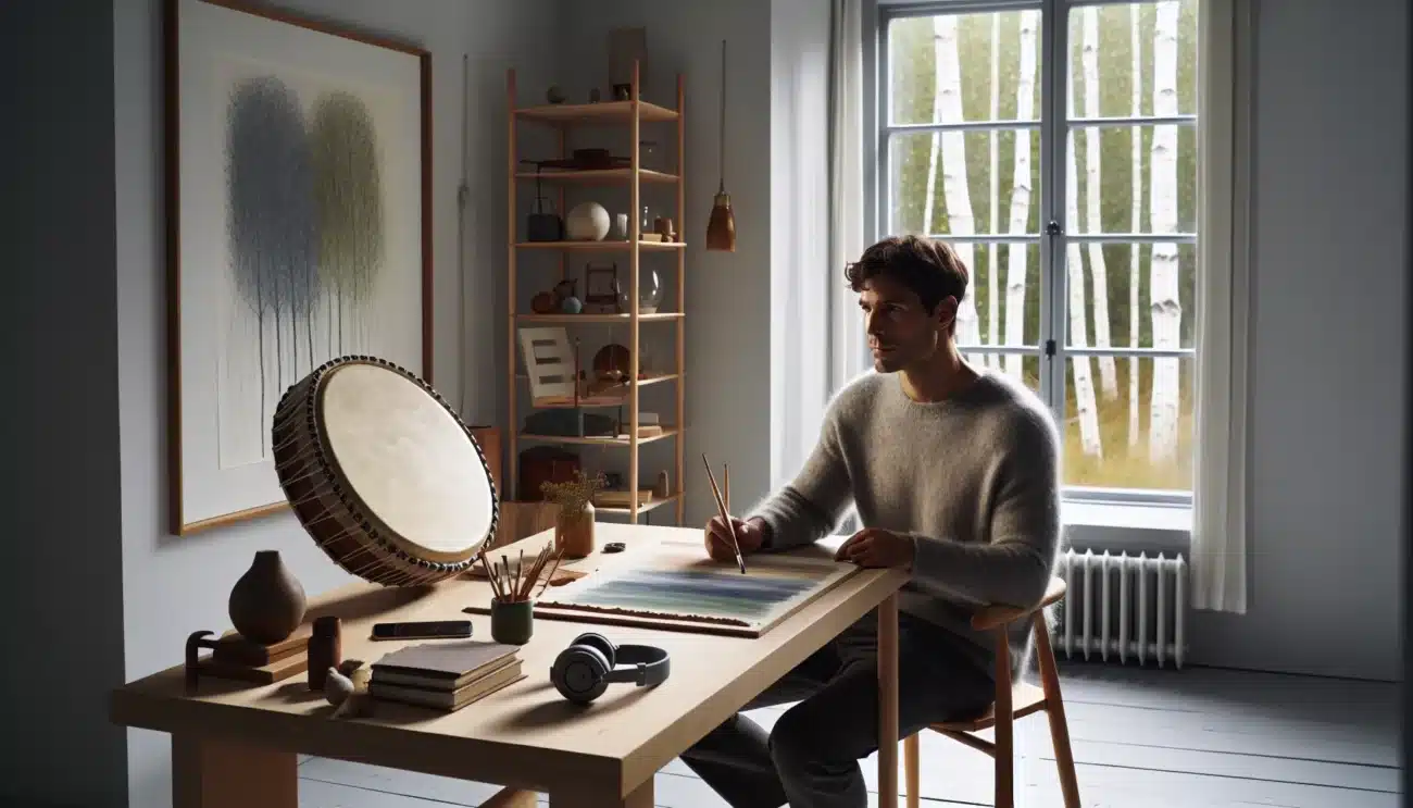 Adult paints abstract colors with drum and headphones in calm nordic studio