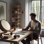 Adult paints abstract colors with drum and headphones in calm nordic studio