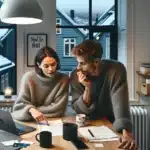 Norwegian couple calmly discussing household finances at a cozy dining table