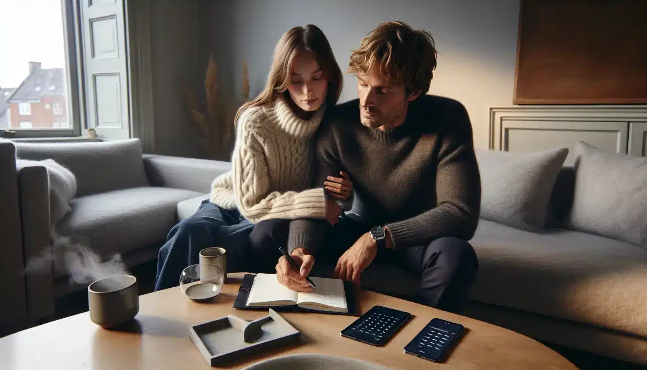 Norwegian couple discussing trust after infidelity in a cozy oslo apartment