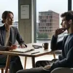 Norwegian manager and employee in a calm private conversation in oslo office
