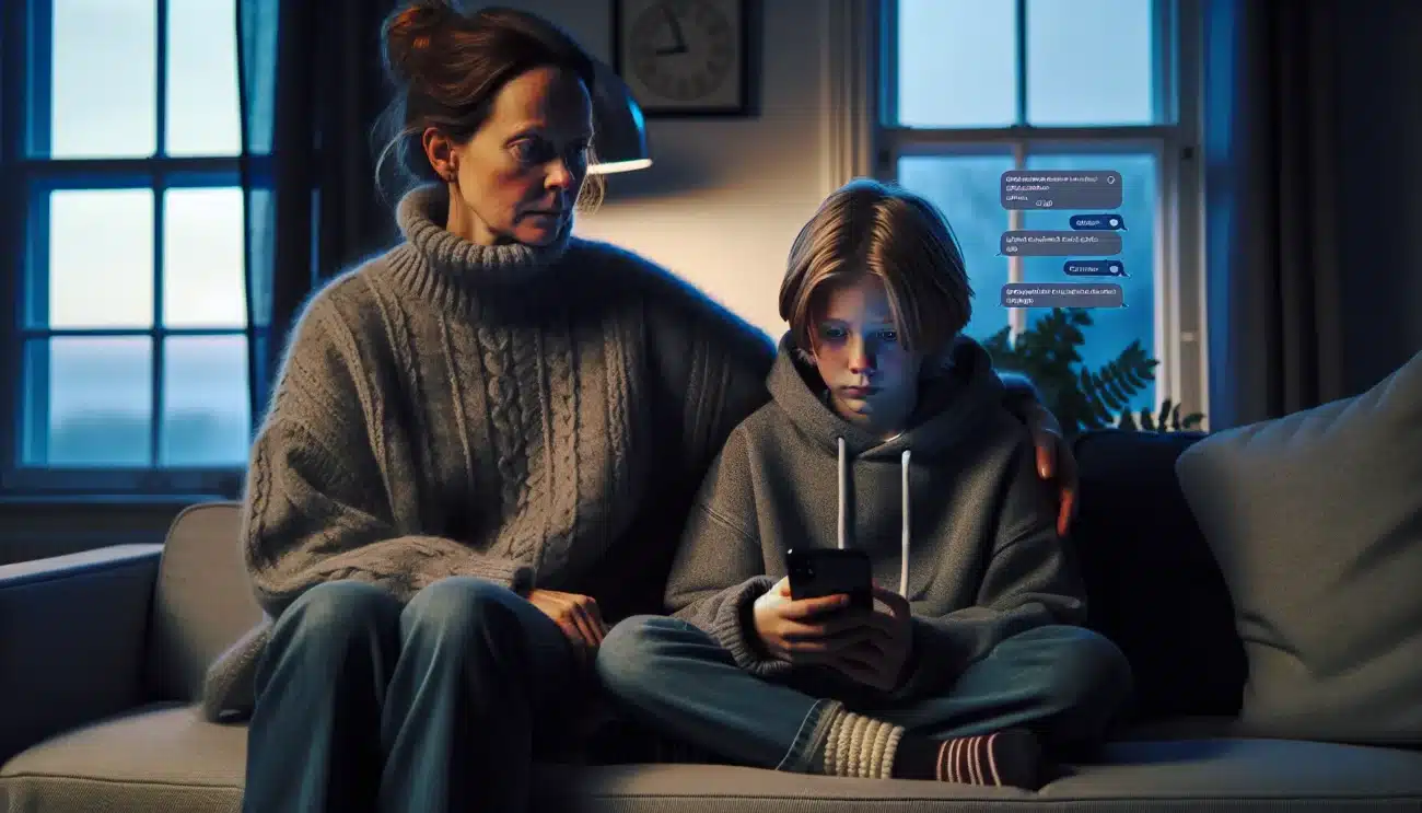 Norwegian mother comforts child while reviewing cyberbullying messages and safety steps