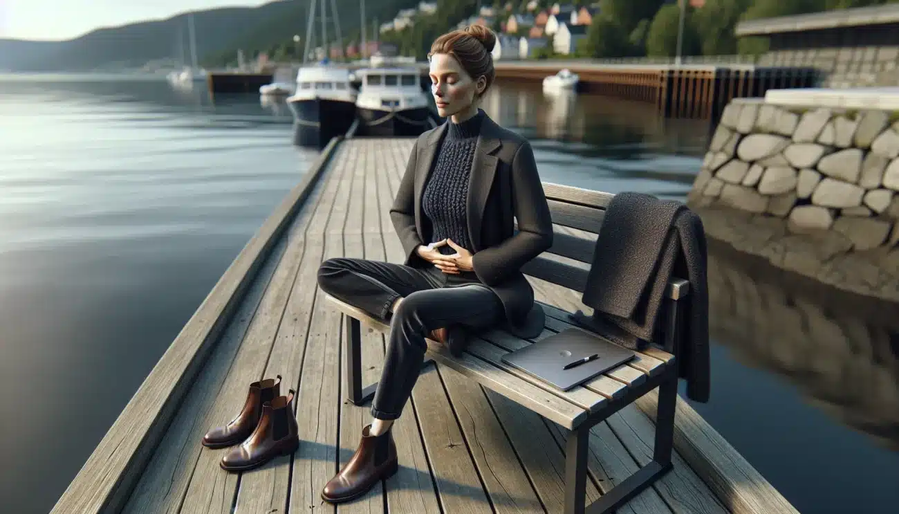 Norwegian professional practicing mindful breathing by oslo fjord during a work break