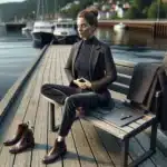 Norwegian professional practicing mindful breathing by oslo fjord during a work break