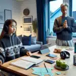 Norwegian teenager studies calmly with breathing card planner and supportive parent