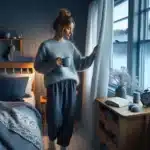 Norwegian winter morning light fills a calm bedroom as a woman opens curtains