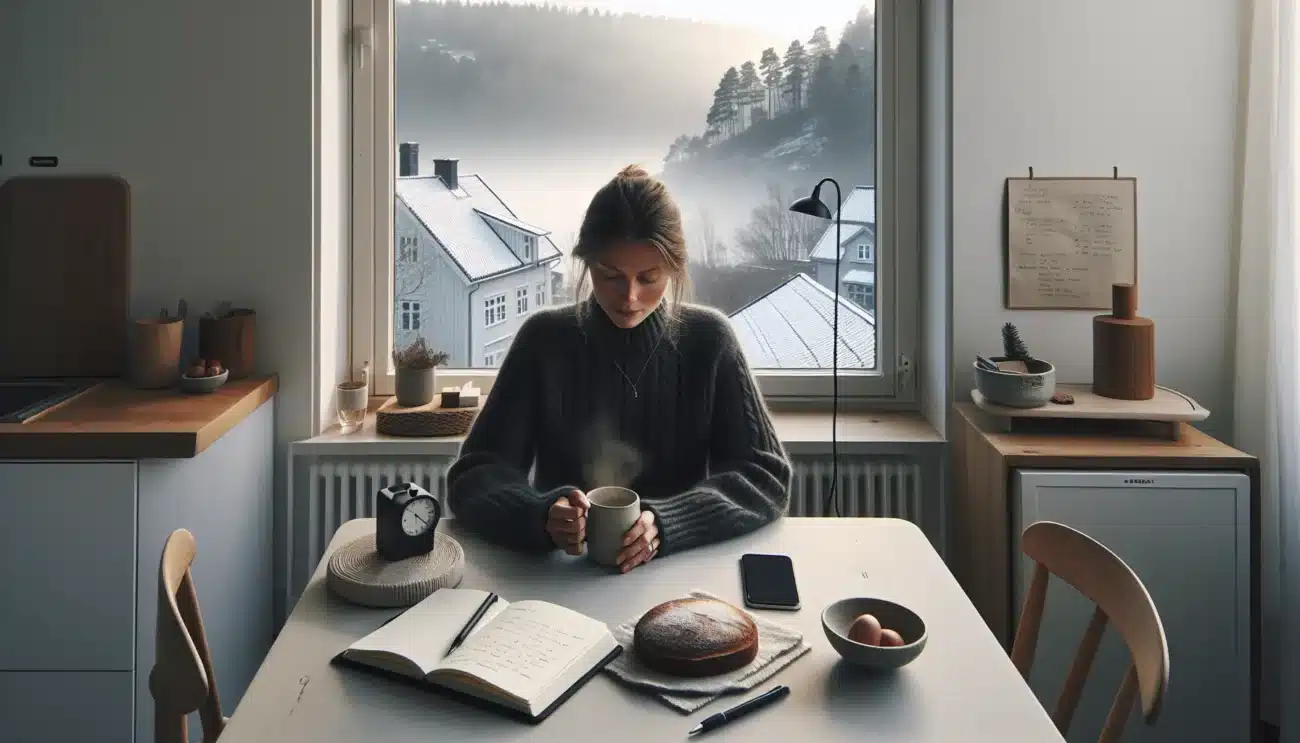 Norwegian woman enjoys screen free breakfast phone silenced in a wooden charging dock