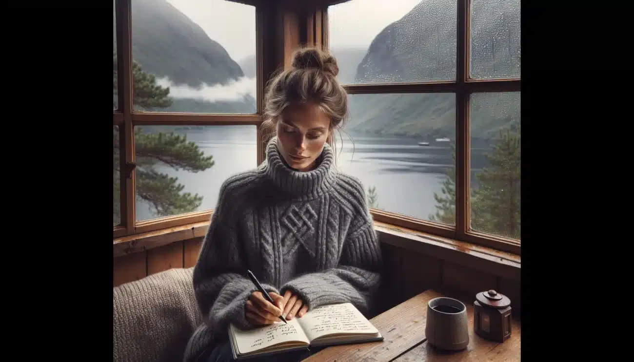Woman journaling by a rainy fjord window candlelit norwegian cabin at dusk