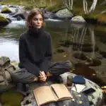 Woman practicing mindful acceptance by a norwegian forest stream in autumn
