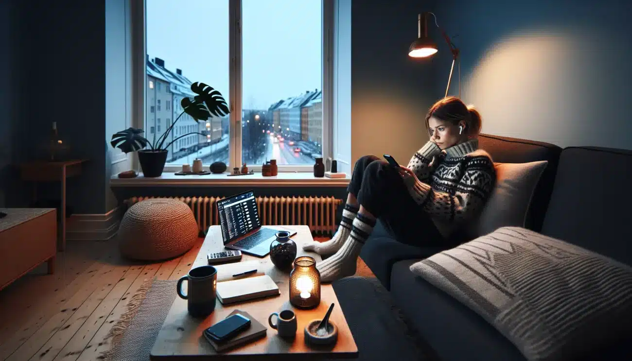 Young adult alone in oslo apartment at dusk phone glowing amid notifications