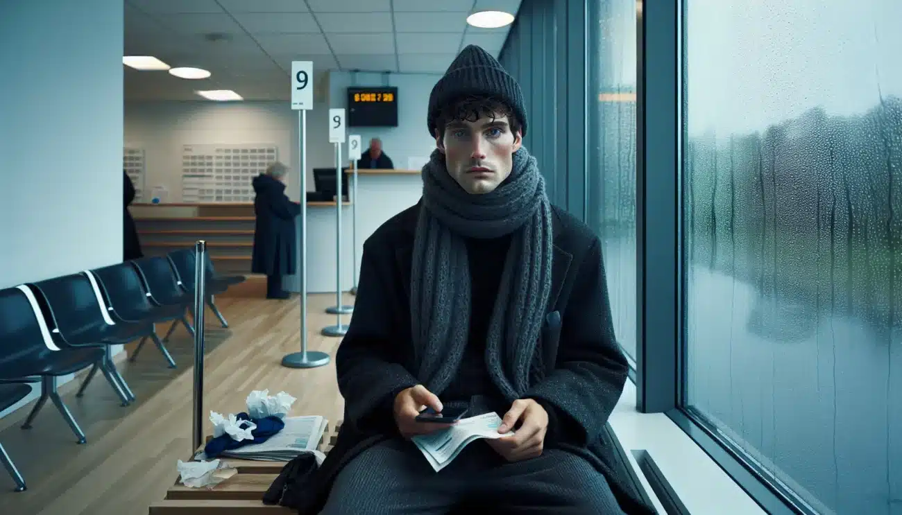 Young adult anxious in a norwegian clinic waiting room on a rainy afternoon
