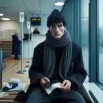 Young adult anxious in a norwegian clinic waiting room on a rainy afternoon