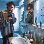 Young adult in norway hesitates at a bathroom mirror anxious about appearance